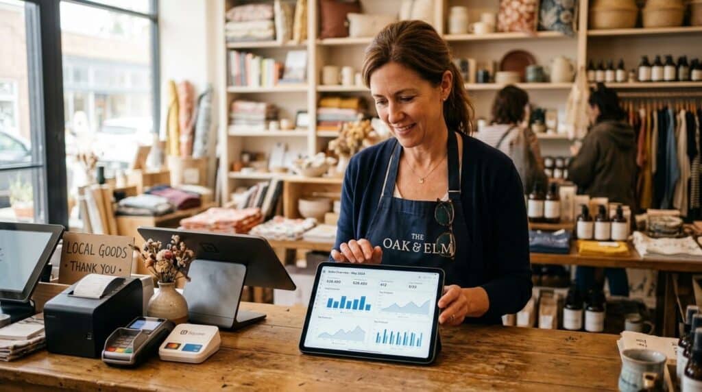 Retail store owner reviewing a sales dashboard on a tablet at the checkout counter