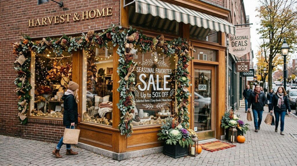 Retail storefront decorated for a seasonal sales promotion