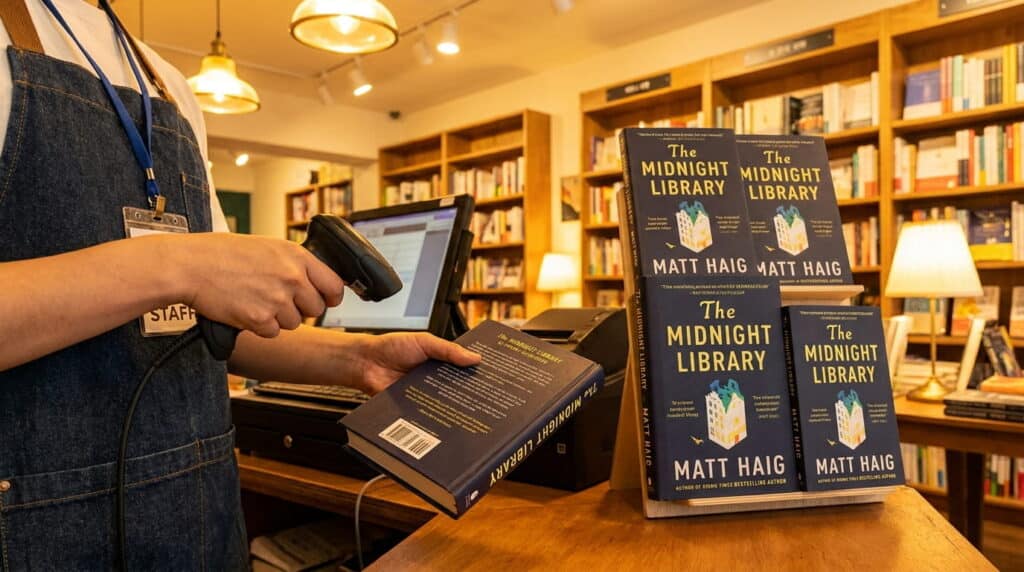 Bookstore employee scanning ISBN barcode with multiple book editions on shelf behind