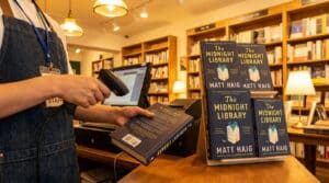 Bookstore employee scanning ISBN barcode with multiple book editions on shelf behind