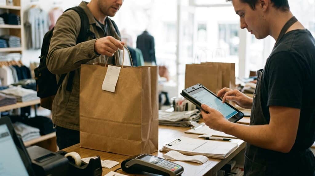 A customer picking up a buy-online-pickup-in-store order at a retail counter.