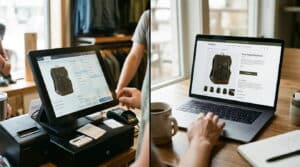 A retail POS register and an online store showing the same synced inventory.