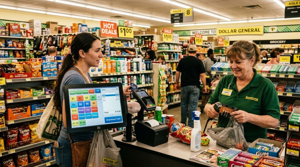 Dollar store checkout with touchscreen POS showing multiple price-point buttons