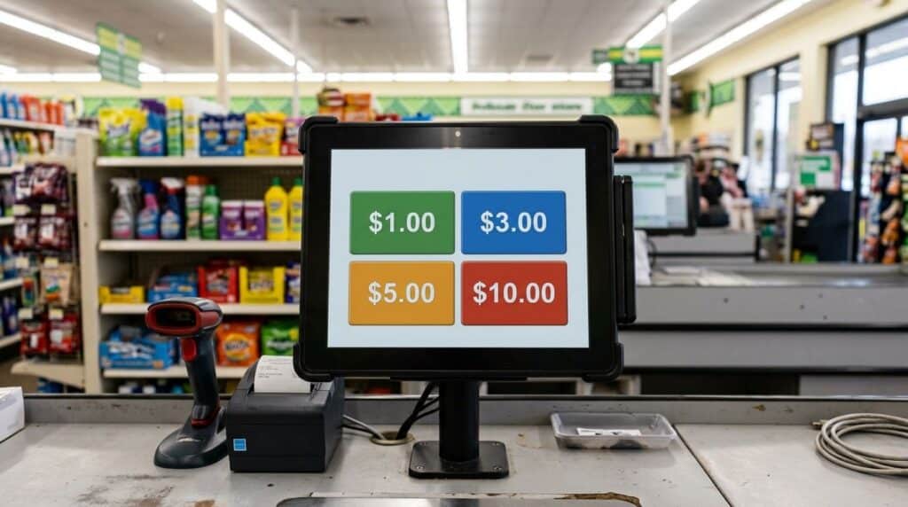 Dollar store checkout with touchscreen POS showing multiple price-point buttons