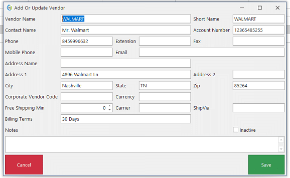 REALTIME POS Vendor Maintenance