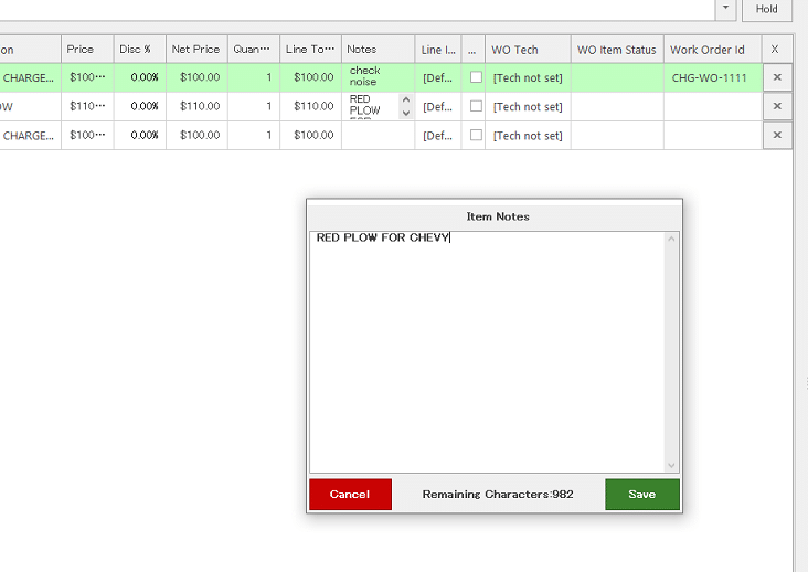 Realtime POS Work Order Line Item Notes Entry