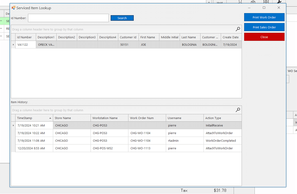 Realtime POS Work Order Lookup by Serviced ID Number