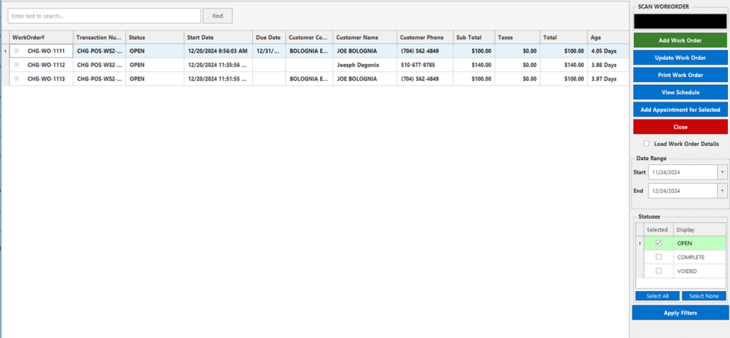 Realtime POS Work Order Recall List