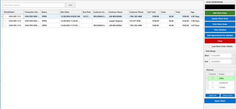 Realtime POS Work Order Recall List