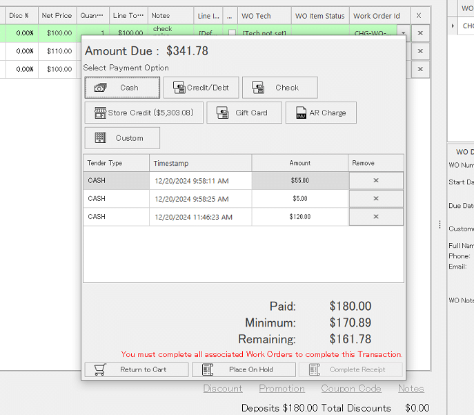 Realtime POS Work Order Tenders