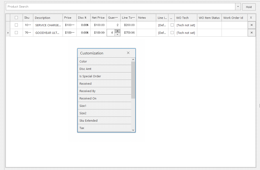 Realtime POS Work Orders Edit Grid Columns