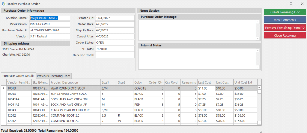 REALTIME POS Receiving FORM