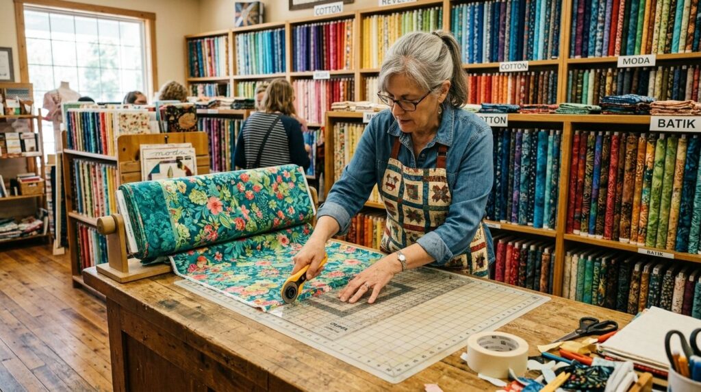 Quilt store employee measuring and cutting fabric from a bolt