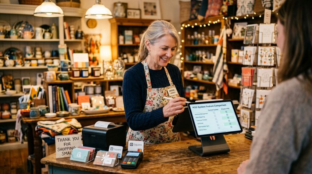 Gift shop owner comparing POS system features on a tablet before choosing a system
