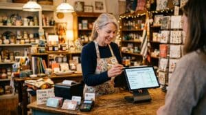 Gift shop owner comparing POS system features on a tablet before choosing a system