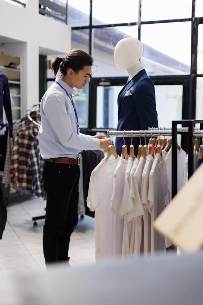 Man checking hangers with white t-shirts