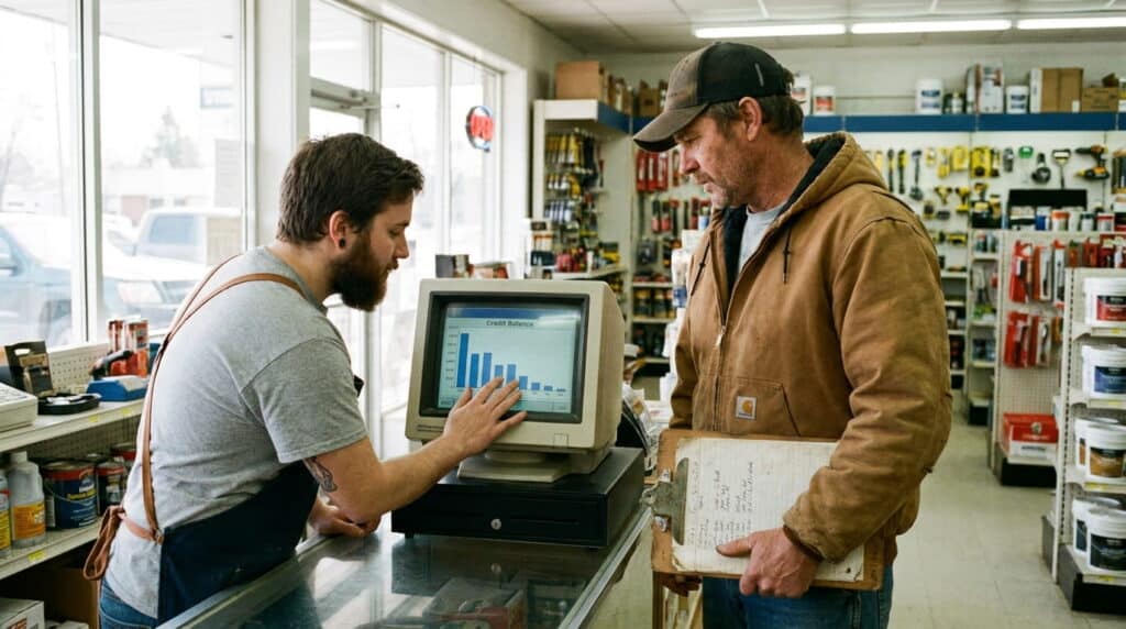A hardware store employee processing a contractor’s account purchase.