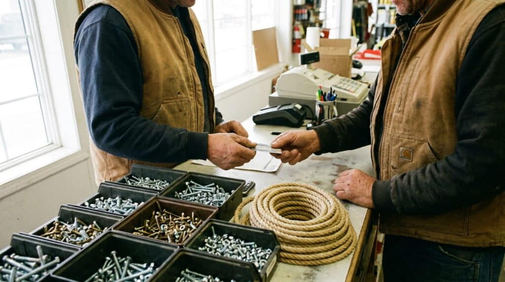 A contractor checking out at a hardware store point of sale counter.