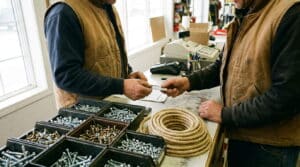 A contractor checking out at a hardware store point of sale counter.