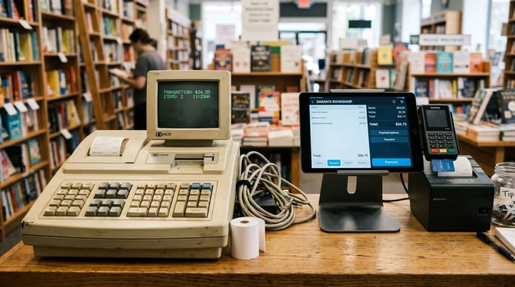 An older legacy POS terminal next to a modern tablet-based POS system.