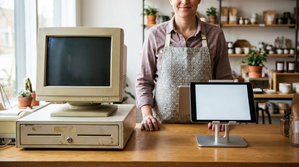 Older desktop POS terminal beside a modern tablet POS at a retail checkout counter