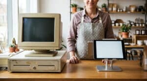 Older desktop POS terminal beside a modern tablet POS at a retail checkout counter