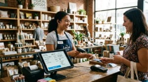 Retail store checkout counter with a tablet POS showing real-time sales data