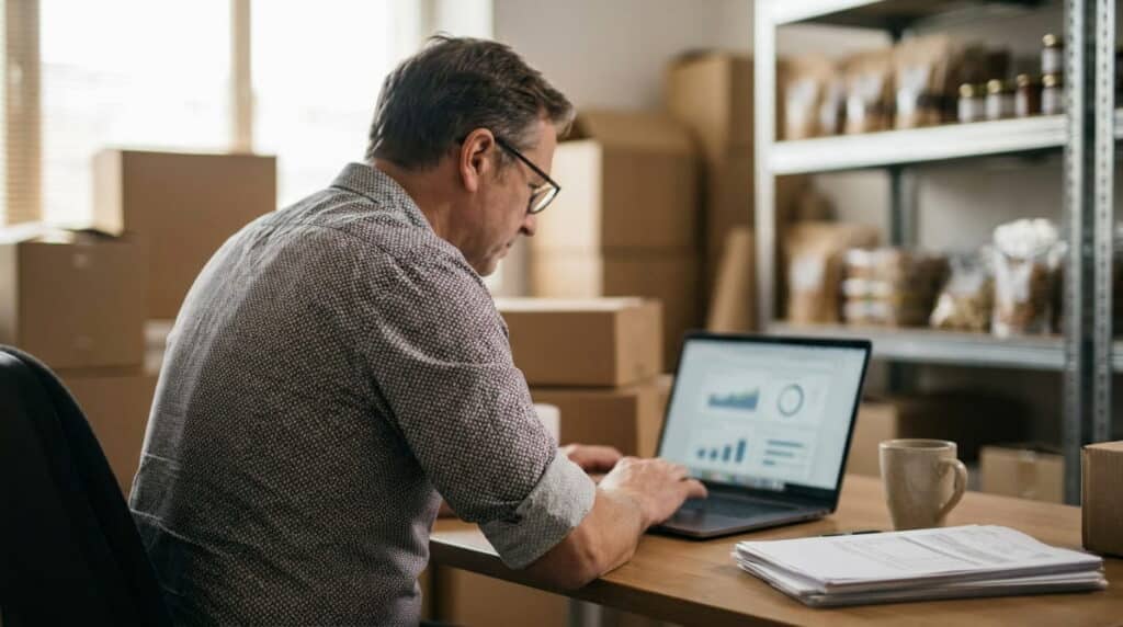 Store owner reviewing a cloud POS sales dashboard on a laptop in the back office
