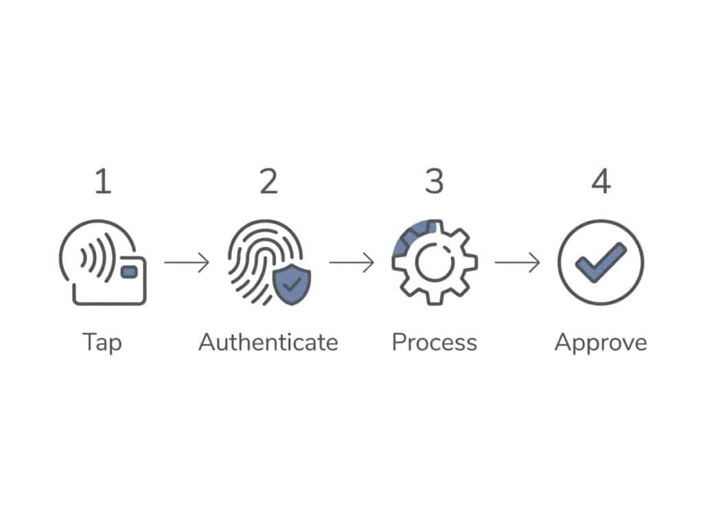 A four-step numbered icon diagram showing a contactless payment process: Tap (card and wireless signal icon), Authenticate (fingerprint with shield), Process (gear), and Approve (checkmark in circle), connected by arrows."