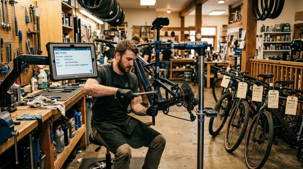 Bike shop mechanic working through a tagged repair queue with a work order on screen