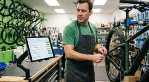 Bike shop mechanic working through a tagged repair queue with a work order on screen