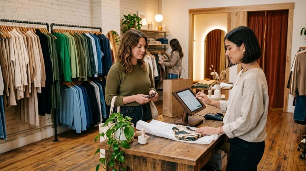 A cashier taps a tablet POS at a rustic wooden counter to check out a customer, with a wrapped garment on tissue paper between them and racks of neatly organized clothing lining the boutique walls.