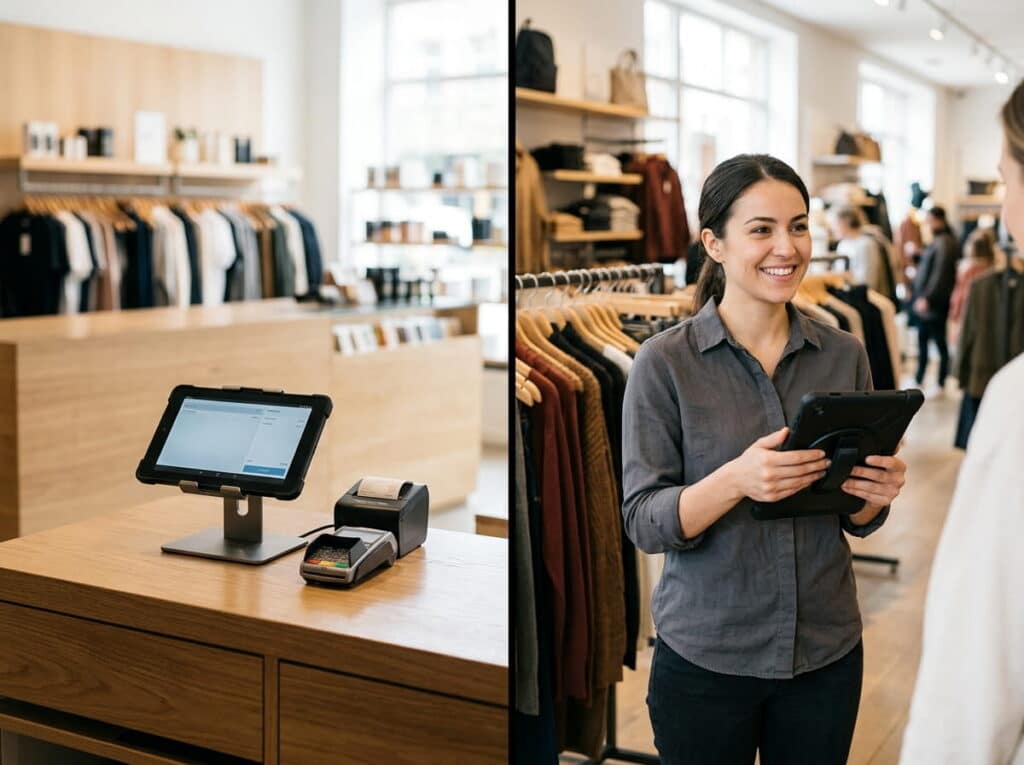 Split image of a clothing boutique: left, a tablet POS, receipt printer, and card reader on a wooden checkout counter; right, a smiling employee helping a customer while holding a rugged tablet on the sales floor.