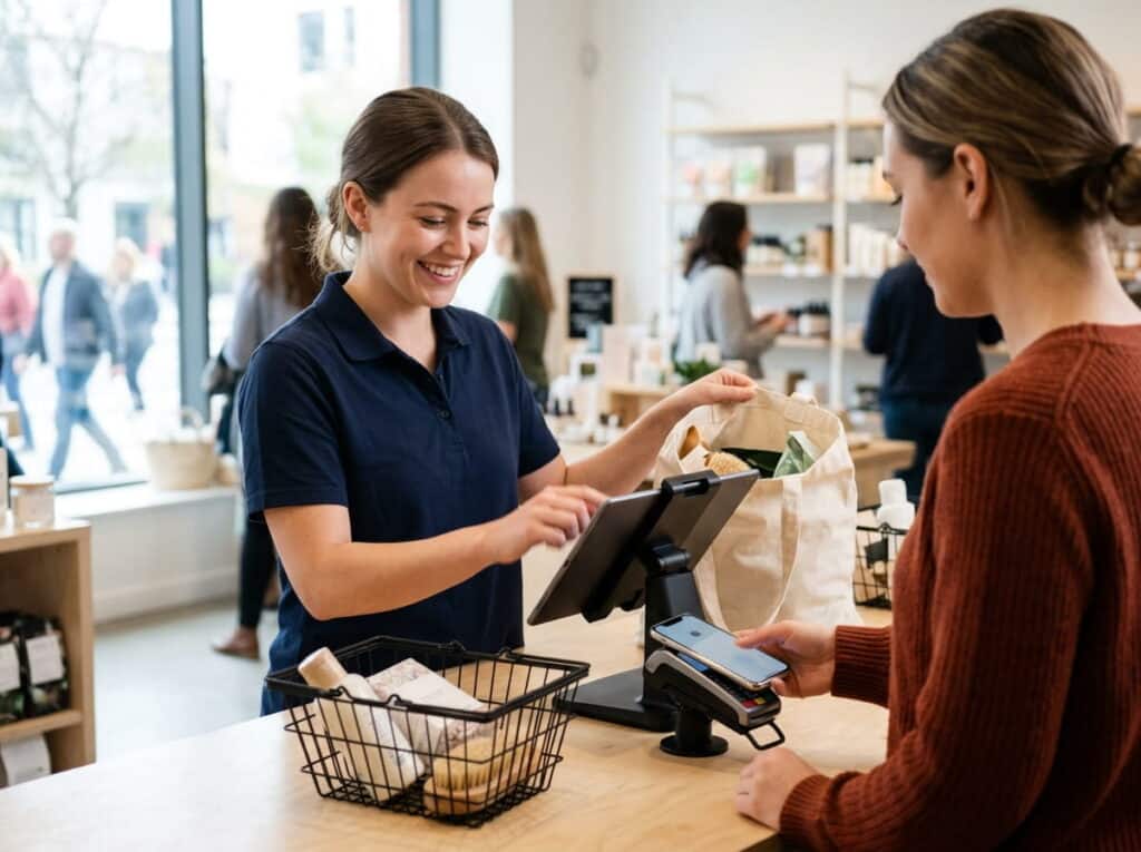 A smiling cashier operates a tablet POS while a customer taps her phone to pay at the counter, with a canvas tote of products between them in a bright storefront.
