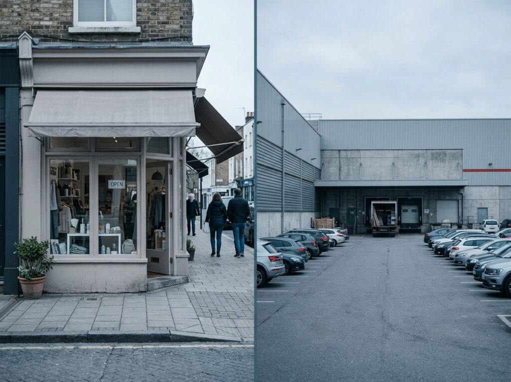 Split image comparing business locations: left, a corner boutique storefront with an open sign and awning on a city street; right, a warehouse loading dock with delivery trucks and a parking lot full of cars.