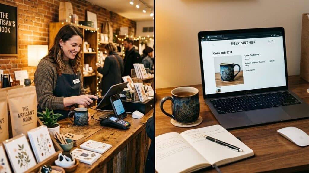 The same gift shop product tracked in both in-store POS and online store inventory