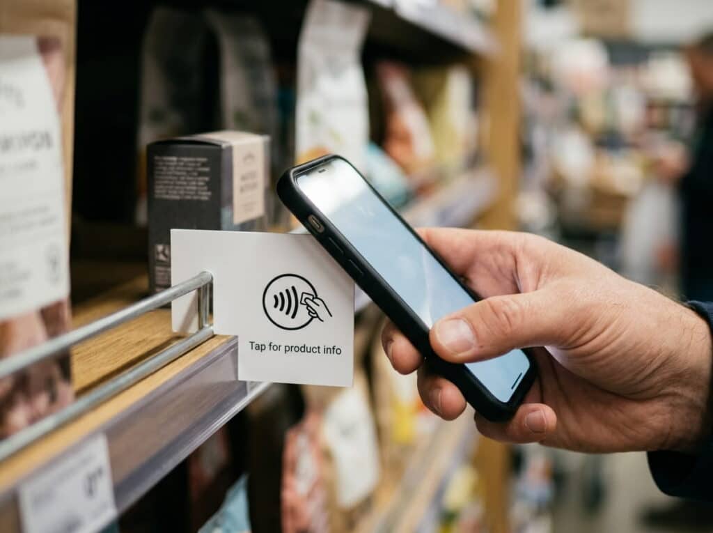 A hand holds a smartphone up to a 'Tap for product info' NFC label on a store shelf tag, with packaged goods blurred in the background.