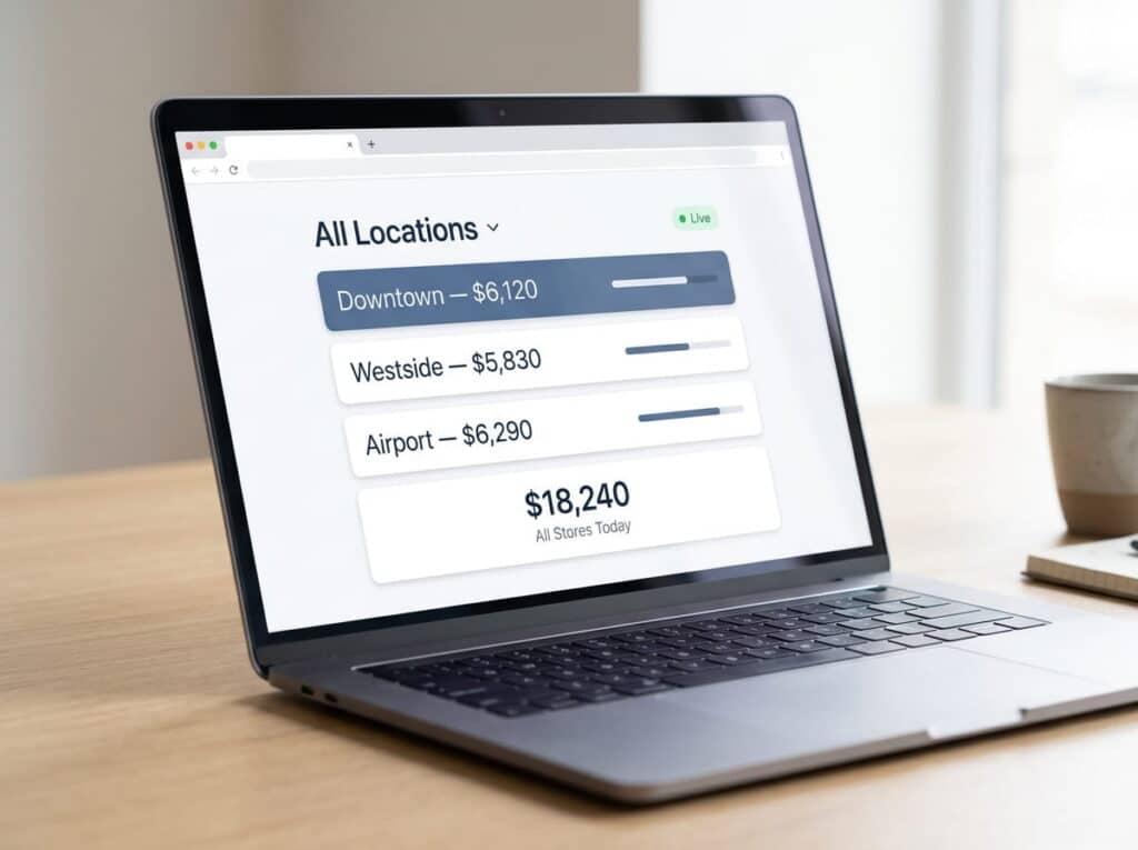 A laptop on a wooden desk displays a live 'All Locations' sales dashboard listing Downtown at $6,120, Westside at $5,830, and Airport at $6,290, totaling $18,240 across all stores today.