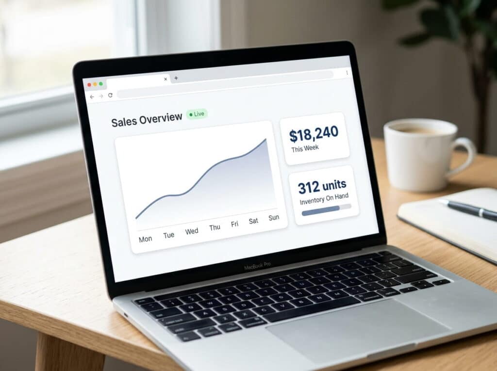 A MacBook Pro on a wooden desk displays a live 'Sales Overview' dashboard with a weekly trend chart, $18,240 in weekly sales, and 312 units of inventory on hand, next to a coffee mug and notebook.