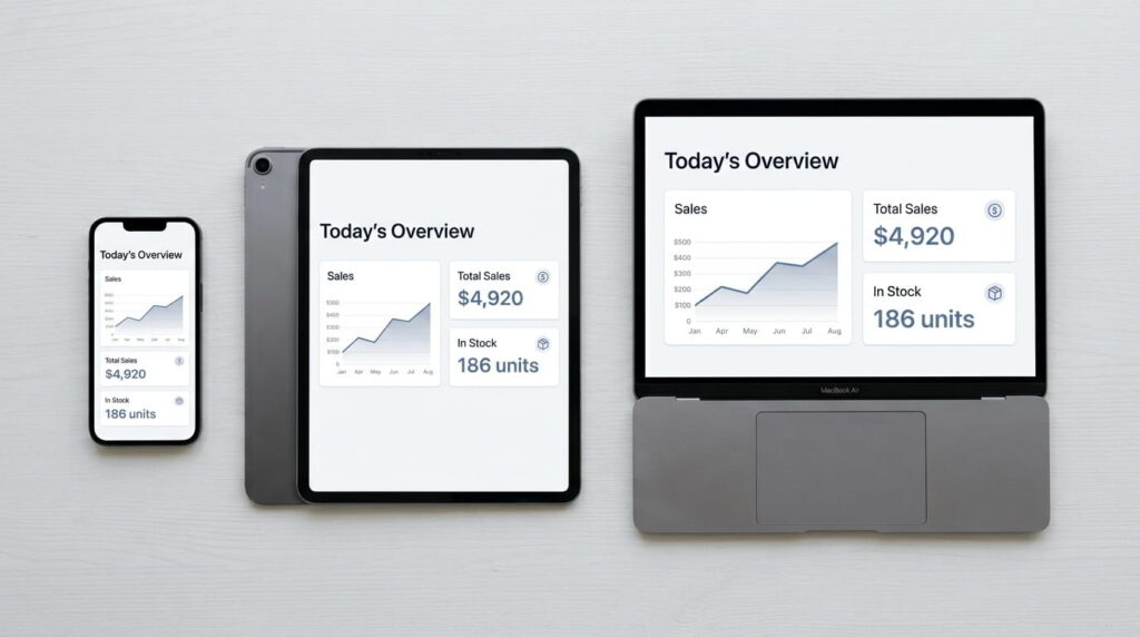 A phone, tablet, and laptop laid flat on a light gray surface, all displaying the same 'Today's Overview' sales dashboard with $4,920 in total sales and 186 units in stock.