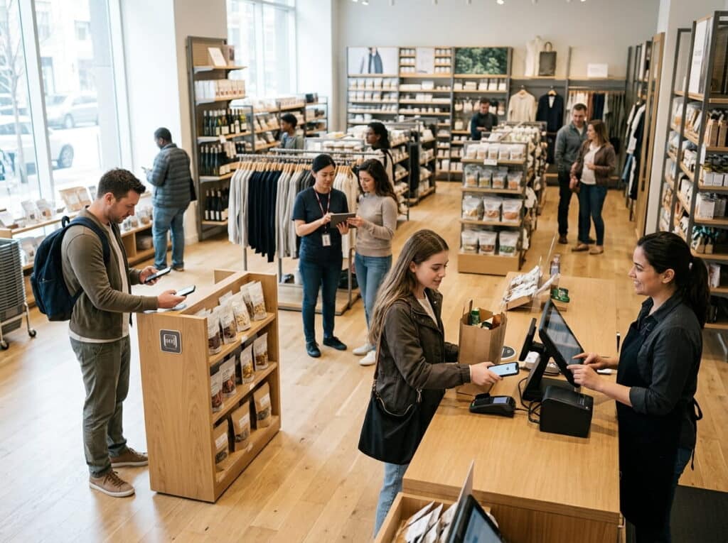 Overhead view of a bright retail store with a customer paying by phone at the checkout counter while other shoppers browse clothing racks, packaged snacks, and shelves throughout the floor.