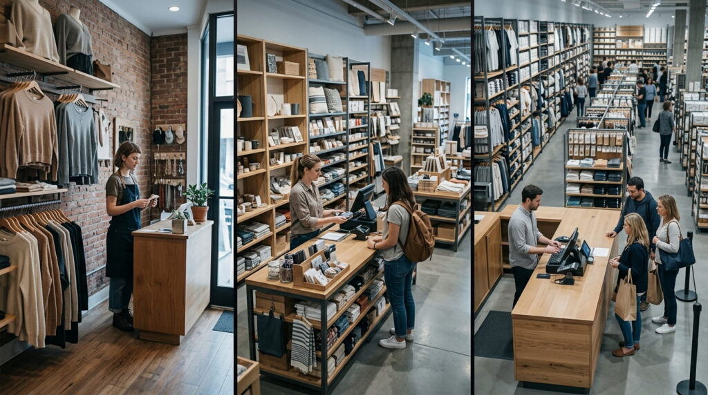 Triptych comparing retail store scales: left, a solo employee at a small boutique counter with a brick wall; center, a mid-size shop with a cashier ringing up a customer amid home goods shelves; right, a large-format store with a busy checkout counter and long aisles of merchandise.
