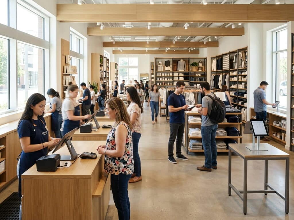 A bright, spacious clothing store with multiple wooden checkout counters where aproned staff ring up customers on tablet POS systems, while shoppers browse folded apparel and shelves in the background.
