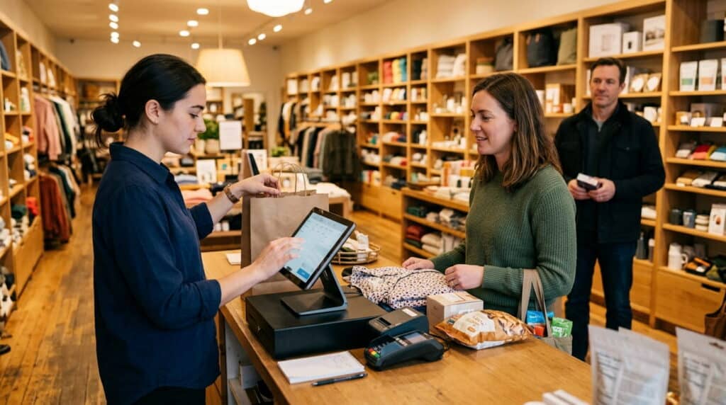 A cashier at a wooden checkout counter rings up a folded garment on a tablet POS while handing a customer a paper shopping bag, with a well-stocked boutique and a waiting customer in the background.