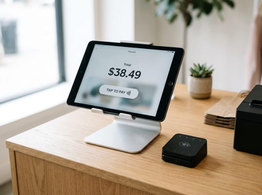 A tablet on a stand displays a $38.49 checkout total with a 'Tap to Pay' button, beside a black wireless card reader, receipt printer, and small potted succulent on a wooden retail counter.
