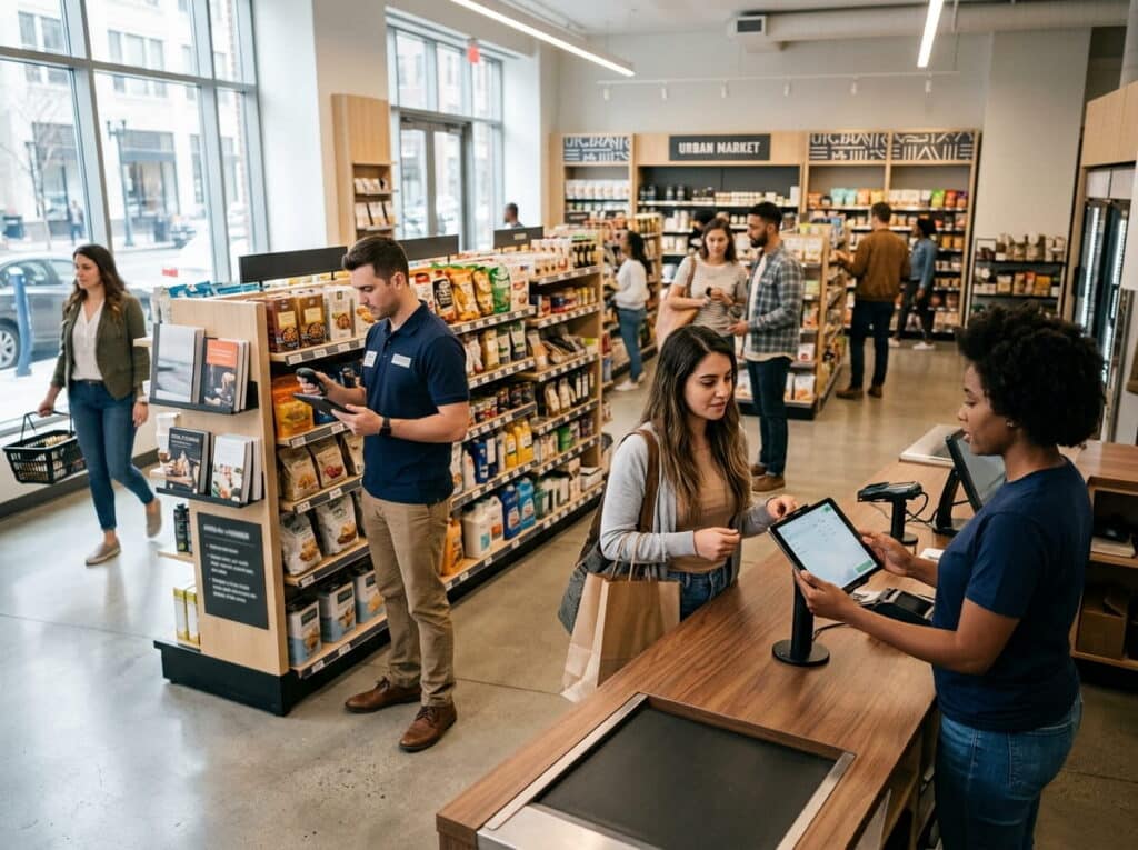 A cashier at 'Urban Market' rings up a customer on a tablet POS at the checkout counter, while other shoppers browse packaged goods and a staff member checks a device further back in the store.