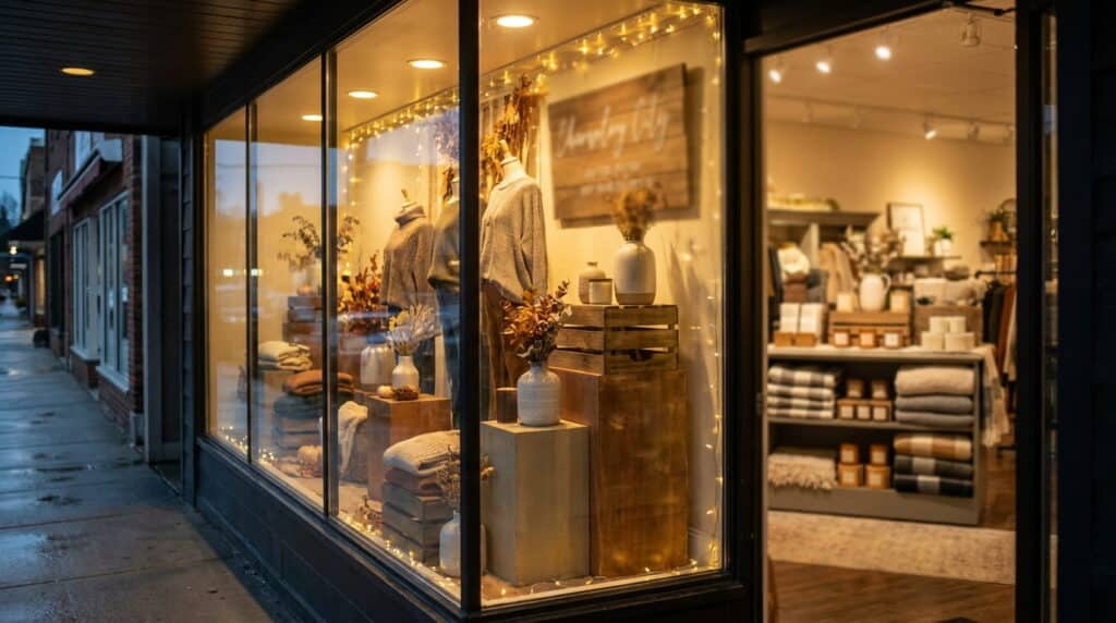 A cozy boutique storefront at dusk, its window lit with string lights and staged with sweatered mannequins, ceramic vases, and folded knits on wooden crates, with the shop's interior shelves visible through the open door.