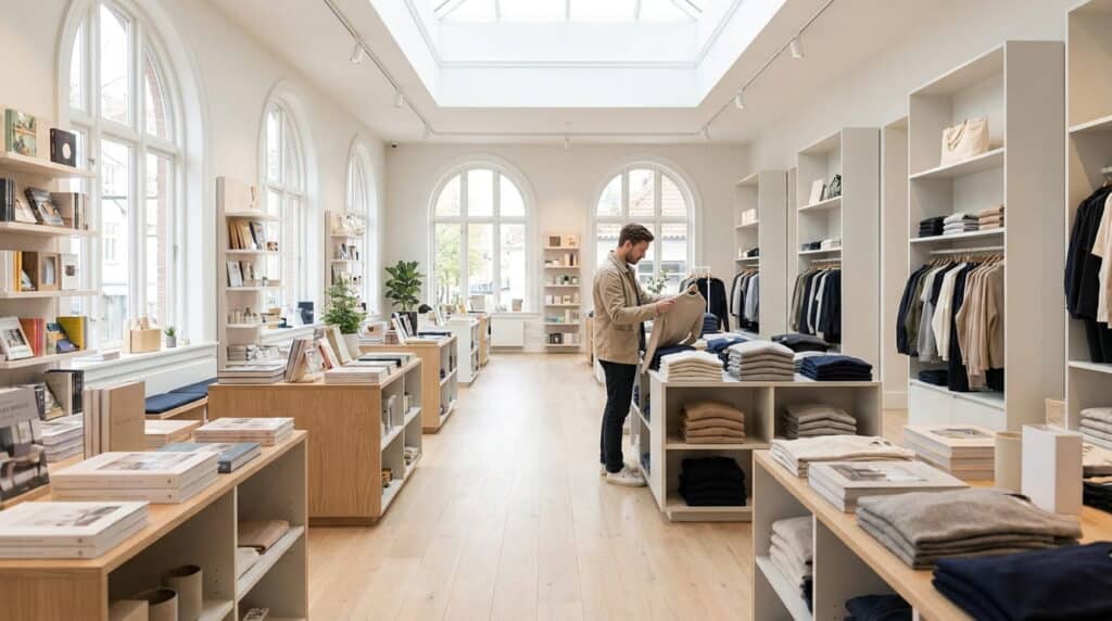A light-filled boutique with arched windows and a skylight, where a customer examines a folded sweater beside tables of neatly folded clothing and shelves of books and accessories.