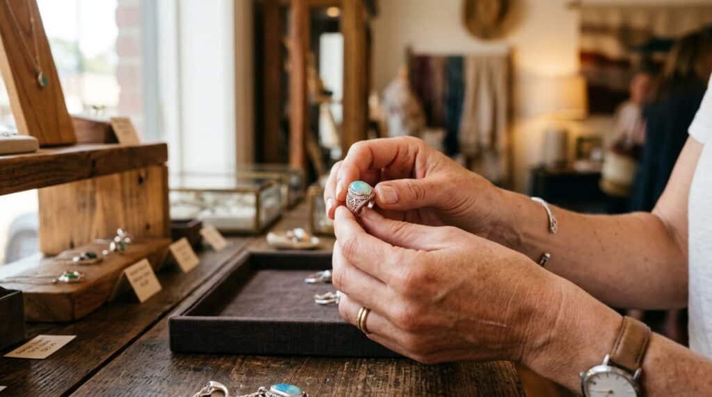 Customer physically examining a high-touch product in-store before buying