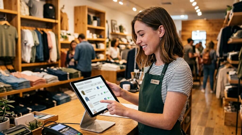 Retailer viewing synced inventory dashboard connected to Facebook Marketplace on a POS tablet